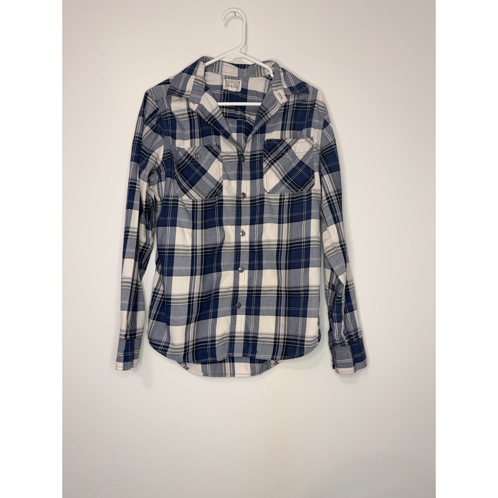 Converse One Star Mens Navy Blue White Plaid Flannel Button Down Shirt Small